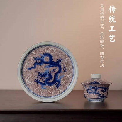 Jingdezhen Underglaze Red Dragon Gaiwan Tea Set – Shu Fu Glaze, Antique Style (5-Piece Gift Box)