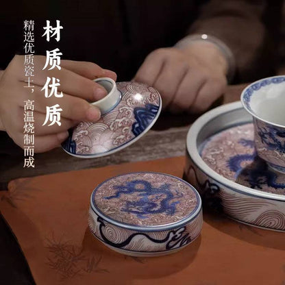 Jingdezhen Underglaze Red Dragon Gaiwan Tea Set – Shu Fu Glaze, Antique Style (5-Piece Gift Box)