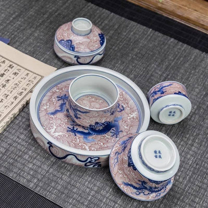 Jingdezhen Underglaze Red Dragon Gaiwan Tea Set – Shu Fu Glaze, Antique Style (5-Piece Gift Box)
