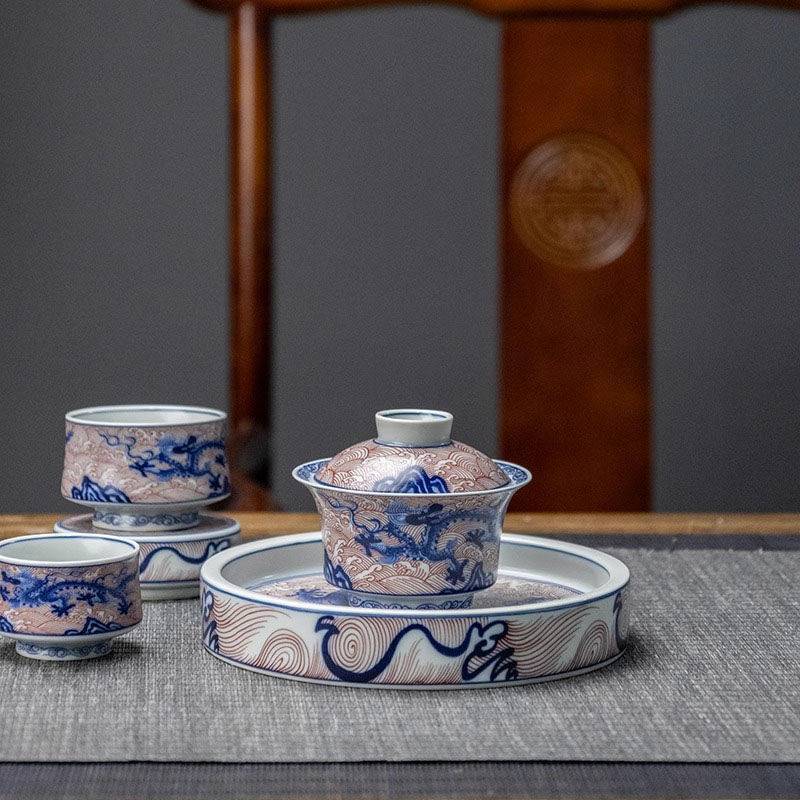 Jingdezhen Underglaze Red Dragon Gaiwan Tea Set – Shu Fu Glaze, Antique Style (5-Piece Gift Box)
