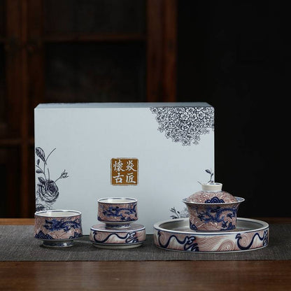 Jingdezhen Underglaze Red Dragon Gaiwan Tea Set – Shu Fu Glaze, Antique Style (5-Piece Gift Box)