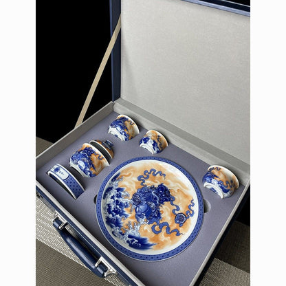 Jingdezhen Blue & White Gaiwan Tea Set – Awakened Lion & Embroidered Ball Design (6-Piece)