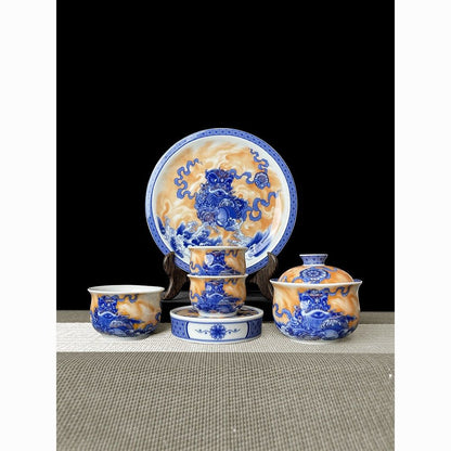 Jingdezhen Blue & White Gaiwan Tea Set – Awakened Lion & Embroidered Ball Design (6-Piece)