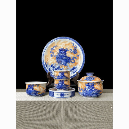 Jingdezhen Blue & White Gaiwan Tea Set – Awakened Lion & Embroidered Ball Design (6-Piece)