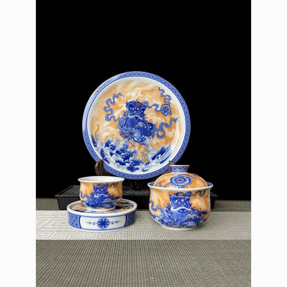 Jingdezhen Blue & White Gaiwan Tea Set – Awakened Lion & Embroidered Ball Design (6-Piece)