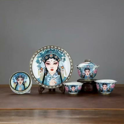 Jingdezhen Guochao Peony & Opera Figure Gaiwan Tea Set – Gold-Trimmed Overglaze (5-Piece)