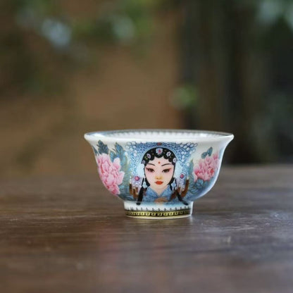 Jingdezhen Guochao Peony & Opera Figure Gaiwan Tea Set – Gold-Trimmed Overglaze (5-Piece)