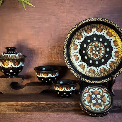 Jingdezhen Enamel Gaiwan Tea Set – Black Glaze with Gold & Silver Inlay (5-Piece Gift Box)