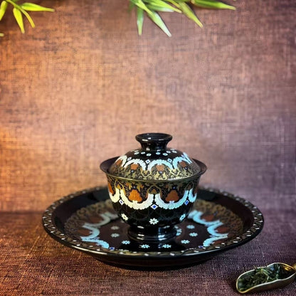 Jingdezhen Enamel Gaiwan Tea Set – Black Glaze with Gold & Silver Inlay (5-Piece Gift Box)