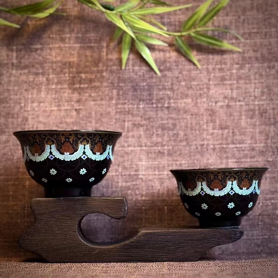 Jingdezhen Enamel Gaiwan Tea Set – Black Glaze with Gold & Silver Inlay (5-Piece Gift Box)