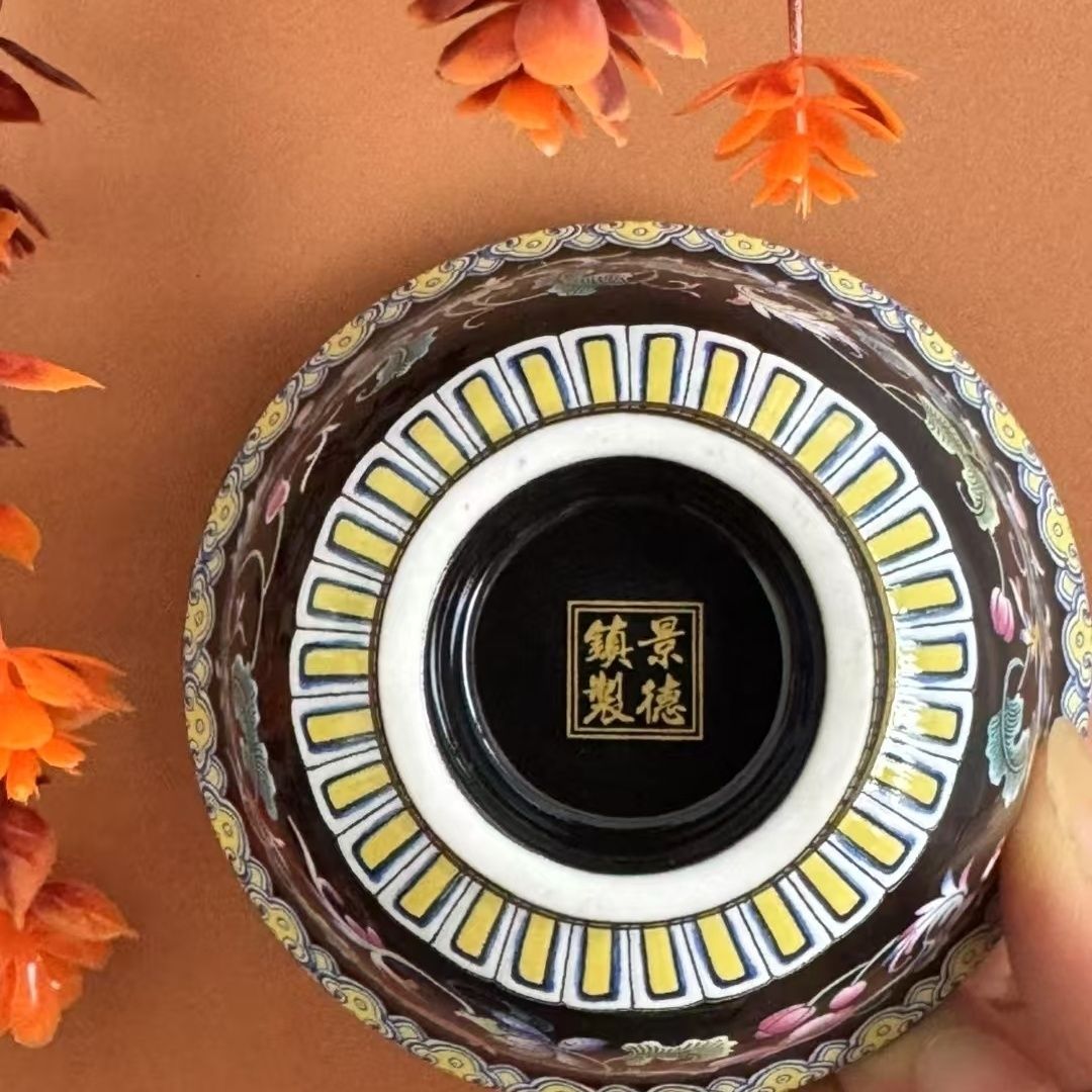Jingdezhen Enamel Gaiwan Tea Set – Black Glaze & Lotus Scroll Design (5-Piece Gift Box)