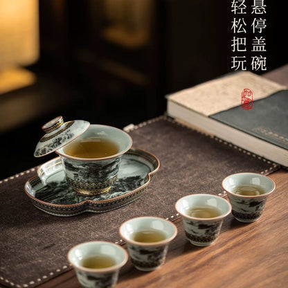 Jingdezhen Ink-Wash Landscape Gaiwan Tea Set – Daming Palace Pavilion Design (6-Piece Luxury Gift Box)