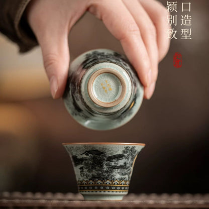 Jingdezhen Ink-Wash Landscape Gaiwan Tea Set – Daming Palace Pavilion Design (6-Piece Luxury Gift Box)