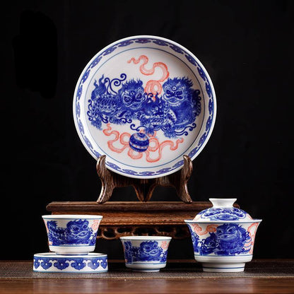 Jingdezhen Blue & White Gaiwan Tea Set – Awakened Lion Design, Horseshoe Cups (5-Piece Gift Box)