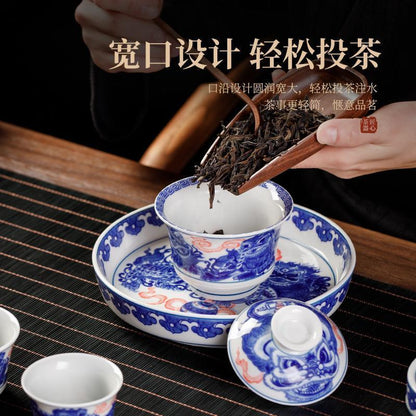 Jingdezhen Blue & White Gaiwan Tea Set – Awakened Lion Design, Horseshoe Cups (5-Piece Gift Box)