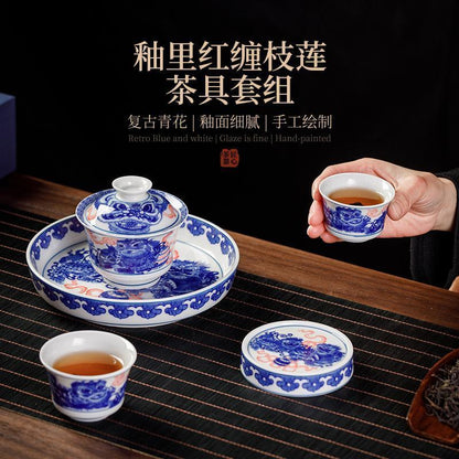 Jingdezhen Blue & White Gaiwan Tea Set – Awakened Lion Design, Horseshoe Cups (5-Piece Gift Box)