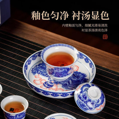 Jingdezhen Blue & White Gaiwan Tea Set – Awakened Lion Design, Horseshoe Cups (5-Piece Gift Box)