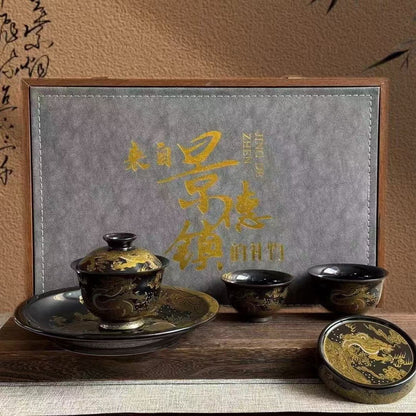 Jingdezhen Black Glaze Gaiwan Tea Set – Auspicious Cloud & Dragon Design (5-Piece)
