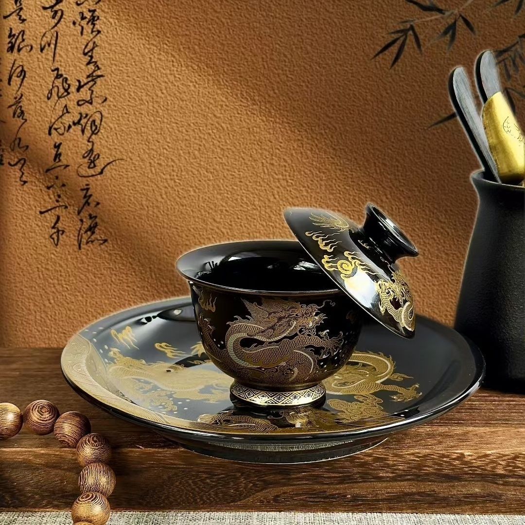 Jingdezhen Black Glaze Gaiwan Tea Set – Auspicious Cloud & Dragon Design (5-Piece)