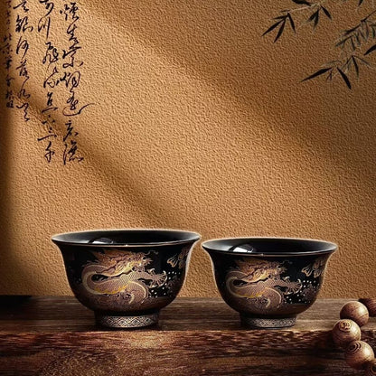 Jingdezhen Black Glaze Gaiwan Tea Set – Auspicious Cloud & Dragon Design (5-Piece)