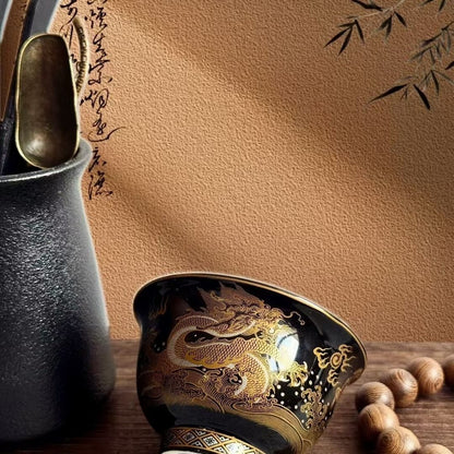 Jingdezhen Black Glaze Gaiwan Tea Set – Auspicious Cloud & Dragon Design (5-Piece)