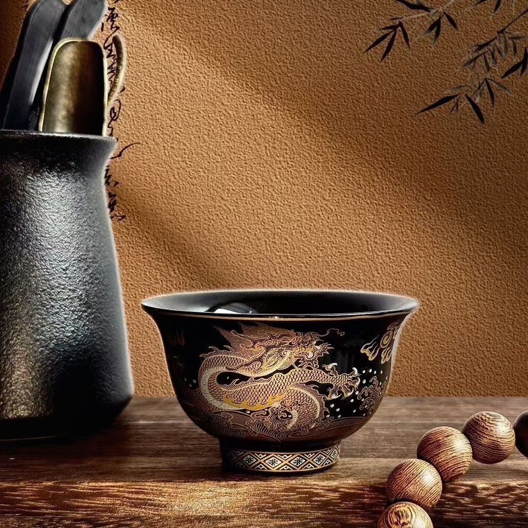 Jingdezhen Black Glaze Gaiwan Tea Set – Auspicious Cloud & Dragon Design (5-Piece)