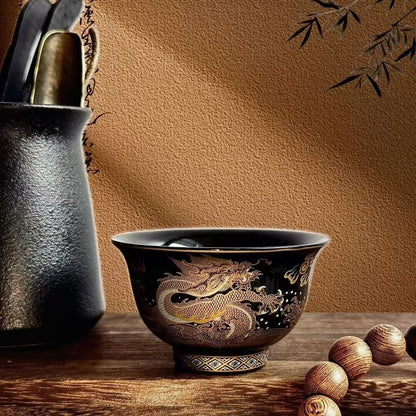 Jingdezhen Black Glaze Gaiwan Tea Set – Auspicious Cloud & Dragon Design (5-Piece)