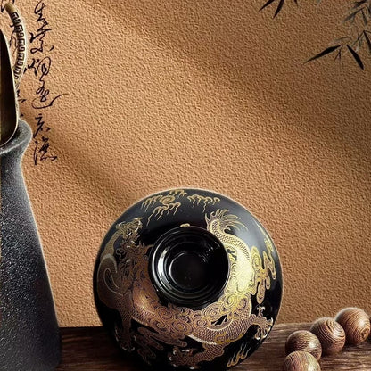 Jingdezhen Black Glaze Gaiwan Tea Set – Auspicious Cloud & Dragon Design (5-Piece)