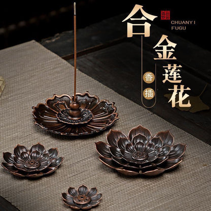 Antique Bronze Lotus Incense Holder – Dual-Use Coil & Stick Incense Burner with Laoshan Sandalwood Coil Incense