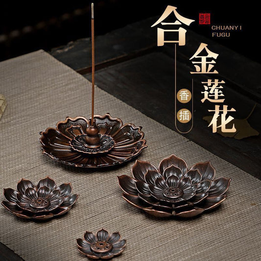 Antique Bronze Lotus Incense Holder – Dual-Use Coil & Stick Incense Burner with Laoshan Sandalwood Coil Incense
