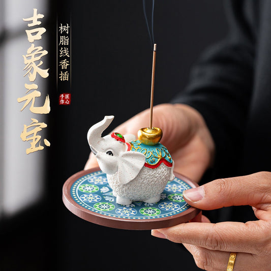 Lucky Elephant Ingot Incense Stick Holder Gift Set – with Ambergris Incense Sticks | Chinese Lucky Desk Incense Burner