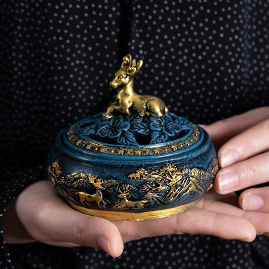 Golden Deer Coil Incense Burner Gift Set – Chinese Incense Ceremony Set with Sandalwood Coil Incense