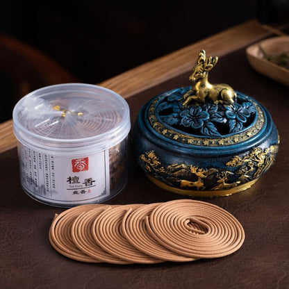 Golden Deer Coil Incense Burner Gift Set – Chinese Incense Ceremony Set with Sandalwood Coil Incense