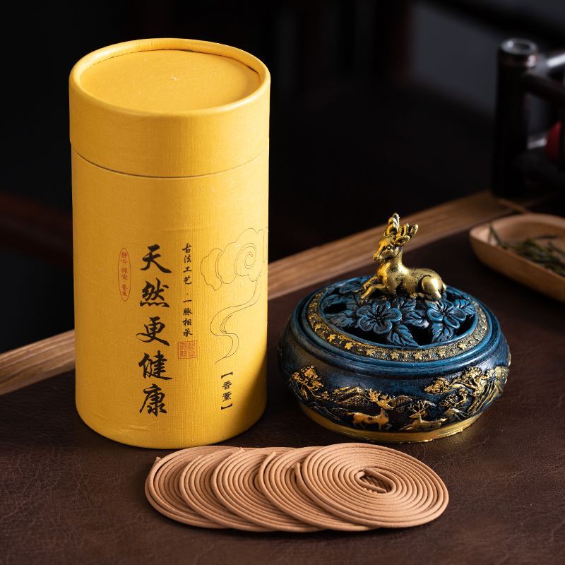 Golden Deer Coil Incense Burner Gift Set – Chinese Incense Ceremony Set with Sandalwood Coil Incense