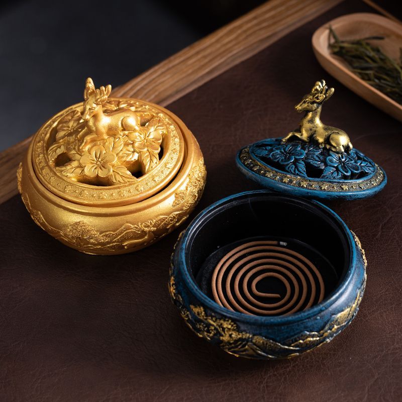 Golden Deer Coil Incense Burner Gift Set – Chinese Incense Ceremony Set with Sandalwood Coil Incense