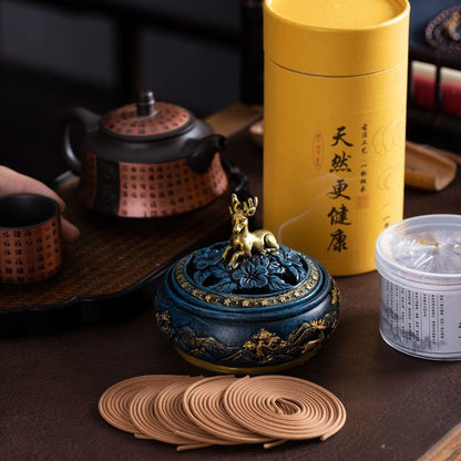 Golden Deer Coil Incense Burner Gift Set – Chinese Incense Ceremony Set with Sandalwood Coil Incense