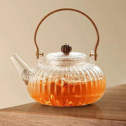 900ml Pumpkin-Shaped Glass Teapot with Lifting Handle – Stovetop Safe Borosilicate Tea Kettle for Loose Leaf & Blooming Tea