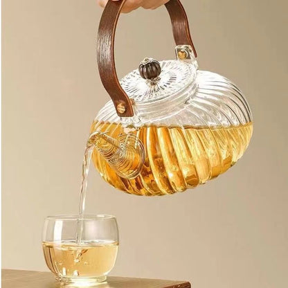 900ml Pumpkin-Shaped Glass Teapot with Lifting Handle – Stovetop Safe Borosilicate Tea Kettle for Loose Leaf & Blooming Tea