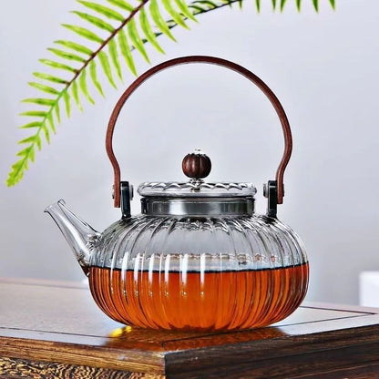 900ml Pumpkin-Shaped Glass Teapot with Lifting Handle – Stovetop Safe Borosilicate Tea Kettle for Loose Leaf & Blooming Tea