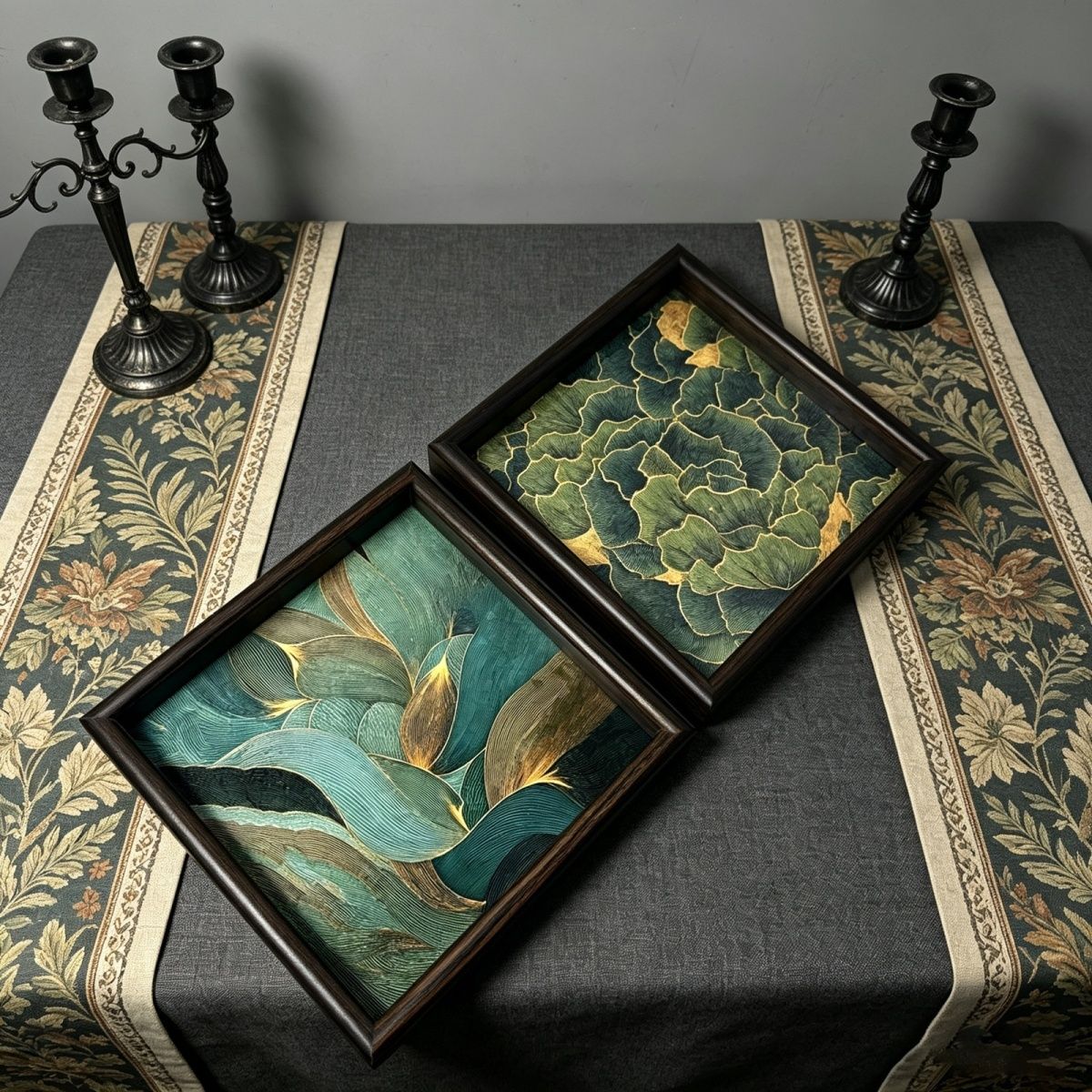 Qingyun Gold-Traced Art Tray Set of 2 – Square Botanical Pattern Tray for Tea Ceremony & Jewelry Storage (20cm)