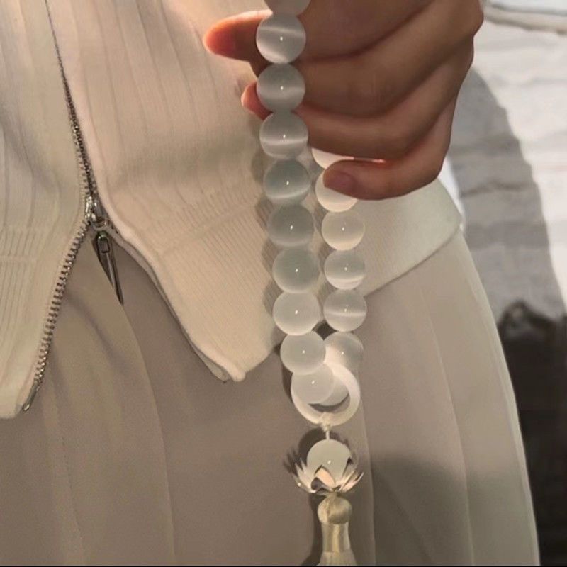 White Cat's Eye Stone Tassel Bracelet – 21-Bead Mala Hand-Held Prayer Beads, 12mm