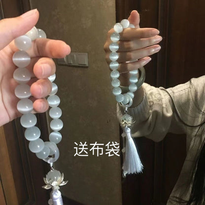 White Cat's Eye Stone Tassel Bracelet – 21-Bead Mala Hand-Held Prayer Beads, 12mm