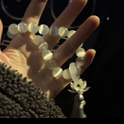 White Cat's Eye Stone Tassel Bracelet – 21-Bead Mala Hand-Held Prayer Beads, 12mm
