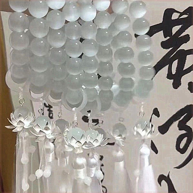 White Cat's Eye Stone Tassel Bracelet – 21-Bead Mala Hand-Held Prayer Beads, 12mm