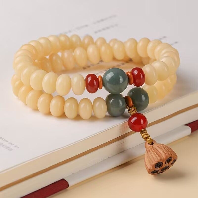 Cream Bodhi Root Double-Wrap Bracelet – Natural Mala Bead Wrist Bracelet for Meditation & Everyday Wear