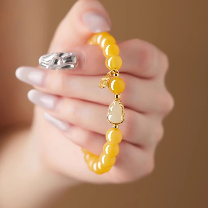 Amber Glazed Glass Bracelet with Gourd Charm – Chinese Lucky Gourd Wrist Bracelet for Prosperity & Good Fortune