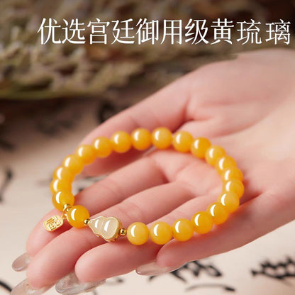 Amber Glazed Glass Bracelet with Gourd Charm – Chinese Lucky Gourd Wrist Bracelet for Prosperity & Good Fortune