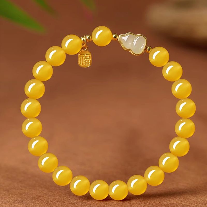 Amber Glazed Glass Bracelet with Gourd Charm – Chinese Lucky Gourd Wrist Bracelet for Prosperity & Good Fortune