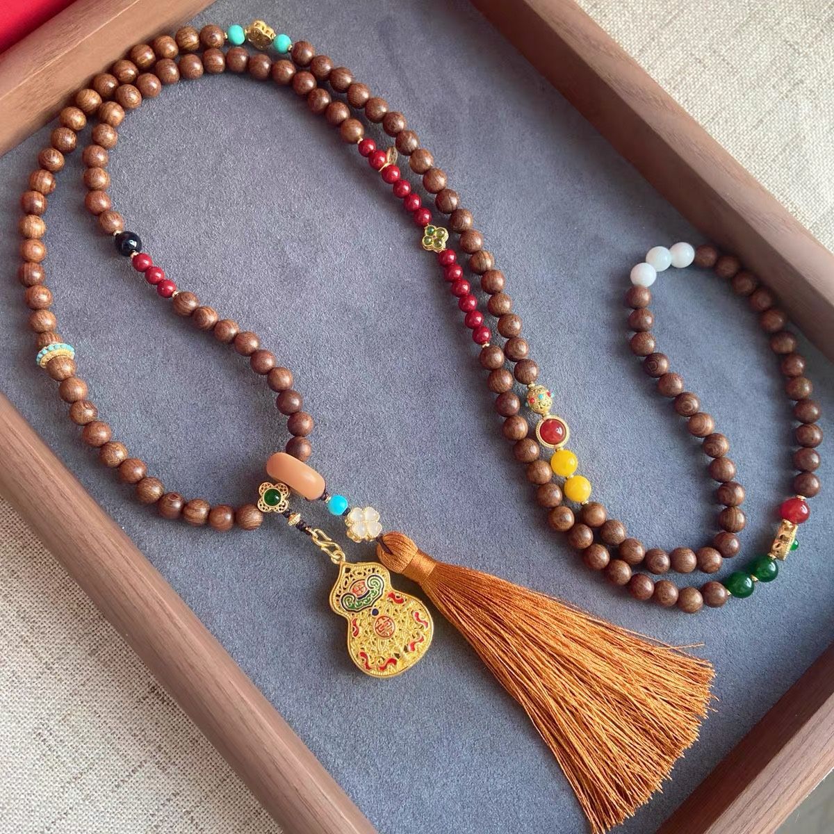 Sandalwood Bodhi Mala Necklace – Long Sweater Chain or Multi-Wrap Bracelet for Meditation & Layered Styling