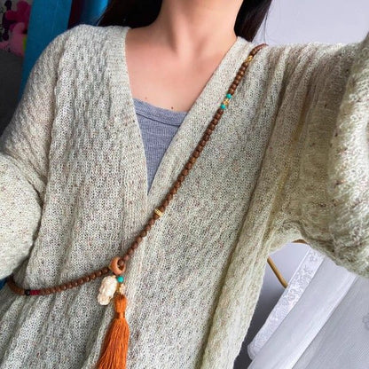 Sandalwood Bodhi Mala Necklace – Long Sweater Chain or Multi-Wrap Bracelet for Meditation & Layered Styling